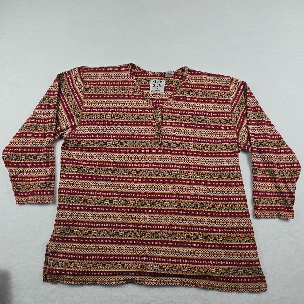 Street Styles by Elisabeth Red Fair Isle Henley Top Vintage 100% Cotton Size 2